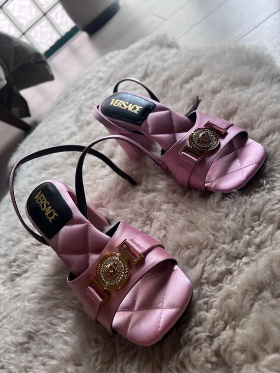Versace Pink Satin Medusa Block Heel Sandals EU 38 / US 8 – Unworn - Picture 6 of 6